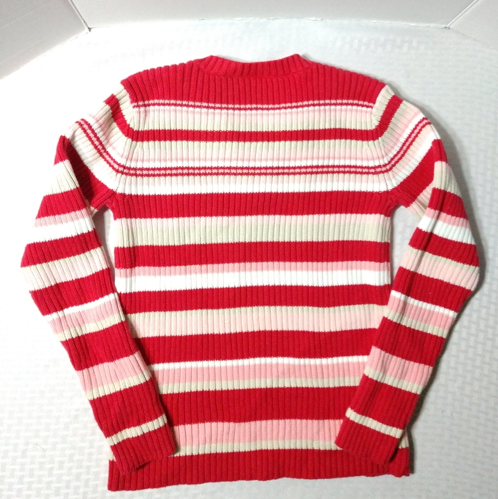 Red White Striped Sweater Lace Up Neckline Size Small Chest 32" - Picture 4 of 4